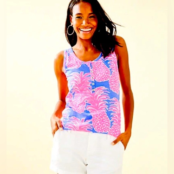 LILY PULITIZER Merrill Tank Top in Blue Haven Little Flamenco Pineapple - Picture 1 of 7
